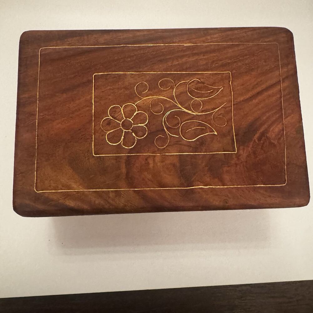 Wooden Box Hand Carved Brass Inlaid Floral Hinged India Vtg Trinket Pen Artisan
